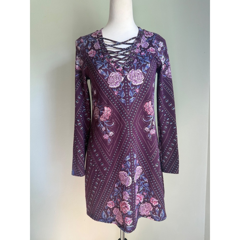 Floral dainty Long Sleeve Mini Dress Purple burgundy M boho fairy Y2K whims blue